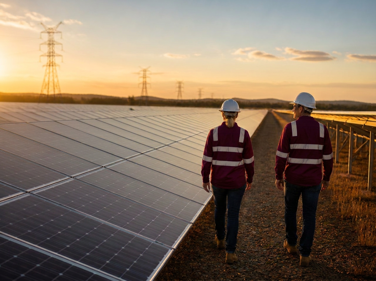 Engineers inspecting a large solar farm at sunset with transmission towers in the distance